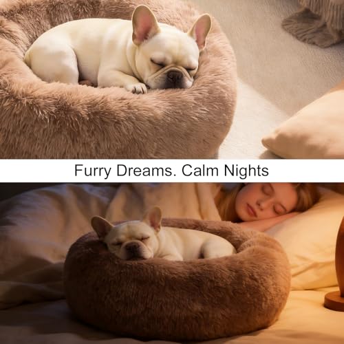 Dog Calming Beds for Small Medium Large Dogs - Round Donut Washable Puppy Dog Bed, Anti-Slip Faux Fur Fluffy Donut Cuddle Anxiety Cat Pet Bed(20'' Khaki - color: khaki, size: 20"L x 20"W x 8"Th