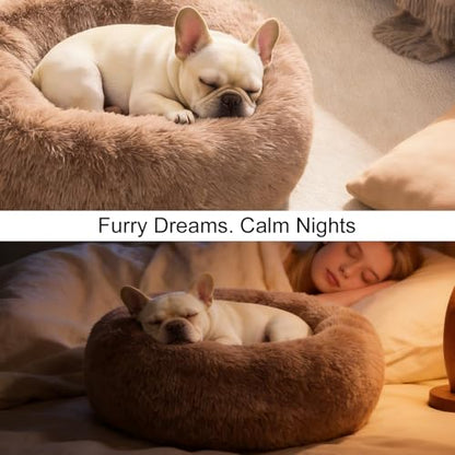 Dog Calming Beds for Small Medium Large Dogs - Round Donut Washable Puppy Dog Bed, Anti-Slip Faux Fur Fluffy Donut Cuddle Anxiety Cat Pet Bed(20'' Khaki - color: khaki, size: 20"L x 20"W x 8"Th