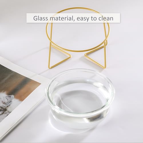 Small Glass Tilted Elevated Cat Dog Bowl Raised Cat Food Water Bowl Dish Pet Comfort Feeding Bowls with Gold Iron Stand - color: Glass, size: Small