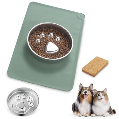 Stainless Steel Slow Feeder Dog Bowls – Non-Slip Metal Dog Bowl for Large & Medium Breeds, Puppy Puzzle Feeder – 2 Cup Capacity for Small to Big Pets – Durable Slow Feed Dog & Cat Food Dish with Mat - color: Paw With Mat