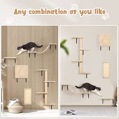 5 Pcs Wall-Mounted Cat Climber Set, Wood Indoor Cat Shelves with Perches, Ladder, Cat Condo House, Scratching Board and Cat Tree, Wall Shelves Furniture (Beige) - color: Beige