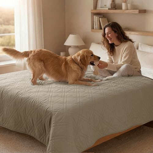 100% Waterproof Dog Bed Cover Pet Blanket 68"x82", 7-Layer Reversible Washable Bed Mat for Furniture Couch Sofa Car (Khaki+Off White)