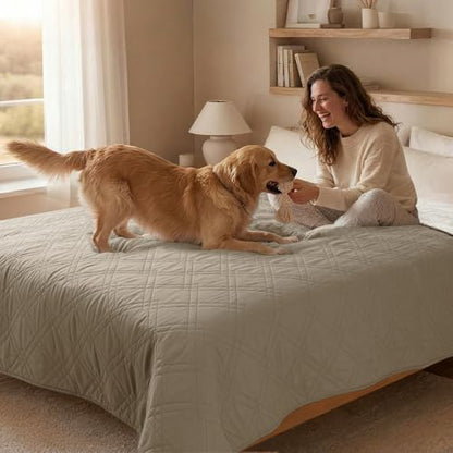 100% Waterproof Dog Bed Cover Pet Blanket 68"x82", 7-Layer Reversible Washable Bed Mat for Furniture Couch Sofa Car (Khaki+Off White)