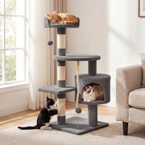 PETSITE 36-inch Multi-Level Cat Tree, with Sisal Scratching Posts, Comfy Top Perch, Cozy Condo, Playful Sisal Rope and Spring Ball, and Dangling Ball, Ideal for Indoor Cats and Kittens (Grey) - color: Grey
