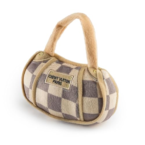 Haute Diggity Dog Chewy Vuiton Handbag Plush Squeaky Dog Toy, Soft Durable Designer-Inspired Stuffed Puppy Chew Toys for Small & Medium Dogs, Machine-Washable (Tan Checker) Small - color: Brown Handbag, size: Small