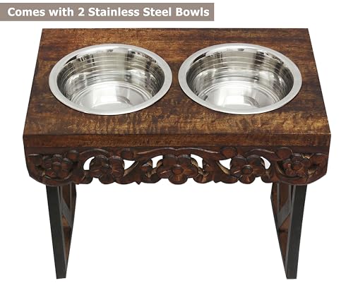 Elevated Pet Feeder for Dogs and Cats - The Bali Carved Wood Pet Feeding Stand with Two Stainless Steel Bowls - Three Heights Adjustable Raised Dog Bowl - Food Water Pet Feeding Station - IRONGATE - color: The Bali Hand Carved Wood - Adjustable