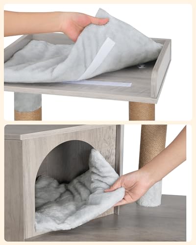 Hzuaneri Cat Litter Box Enclosure with Cat Tree, 4-in-1 Modern Cats House with Large Platform, Cats Condo with Sisal Scratching Mat, Posts, Stairs and Pompom, Washable Cushions, Greige CB81005B - color: Greige