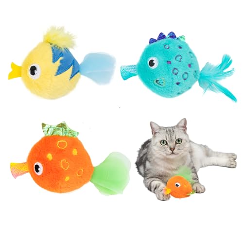 Catify by Best Pet Supplies Interactive Fluffy Fish Set Catnip Cat Toy for Indoor Cats & Kittens, Plush Crinkle Tail, Feather Chew Toys, Durable, Soft, Enrichment Play - color: Fluffy Fish Multicolored