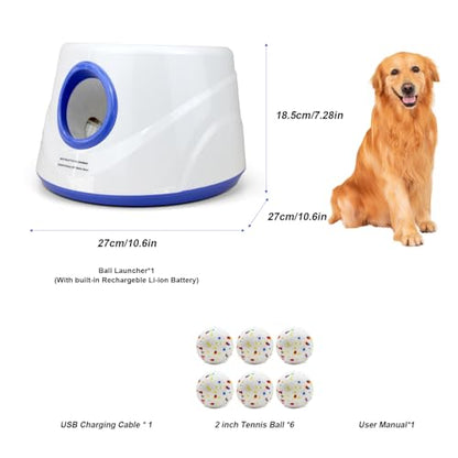 Automatic Dog Ball Launcher with 6 ETPU Balls, Adjustable Distance 20-45ft, USB Rechargeable, Interactive Pet Toy (Blue) - color: Blue-Standard
