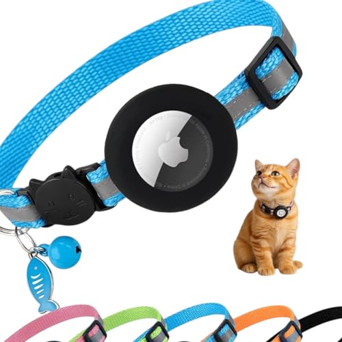 AirTag Cat Collar with AirTag Holder, Breakaway Reflective Cat Tracker Collar with Bell by AmazeGoods - color: Blue With Fish tag