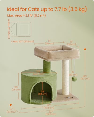 Feandrea Cat Tree, Small Cat Tower with Sisal Scratching Post, Plush Condo with Padded Perch, for Small Spaces, Kittens, Grass Green and Camel Brown UPCT050C01 - color: Grass Green + Camel Brown