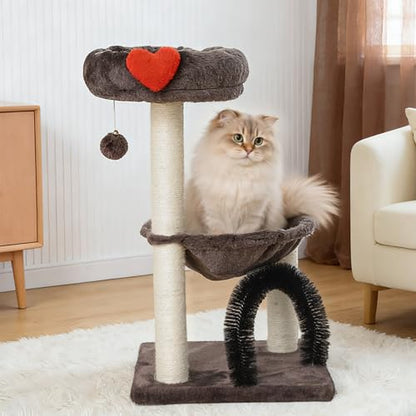 Simple Deluxe 27.8" Small Cat Tree Tower for Indoor Cats, Multi-Level Cute Cat Tree with Scratching Post| Plush Hammock| Perch| Replaceable Cover| Groomer Brush| Dangling Ball for Kittens Play & Rest - color: Smoky Gray & Heart