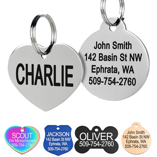 GoTags Stainless Steel Pet ID Tags, Personalized Dog Tags and Cat Tags, up to 8 Lines of Custom Text, Engraved on Both Sides, in Bone, Round, Heart, Bowtie and More (Heart, Regular (Pack of 1)) - size: Regular (Pack of 1), style: Heart