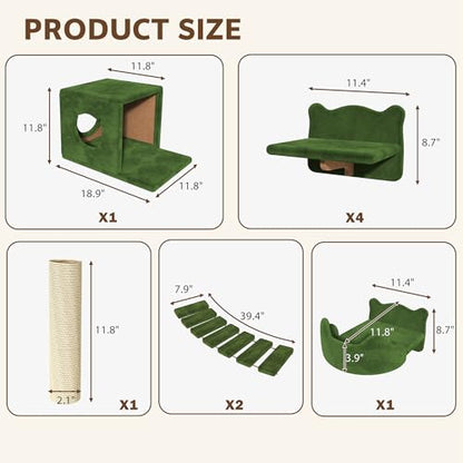 9-in-1 Cat Wall Shelves, Multi-Level Wall Mounted Cats Furniture Set with Plush Fabric, Floor Space-Saving Wooden Cat Climbing Wall Systems with Scratching Post, Bridge Ladder, Condos, Green - color: Green, size: 9-in-1