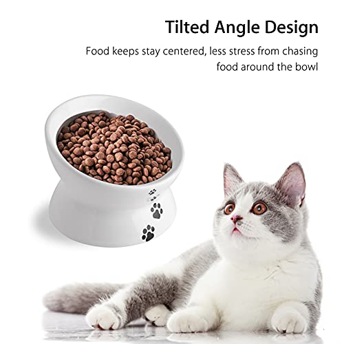 Cat Food Bowls, 10 OZ Elevated Cat Bowls for Cats and Small Dogs, Tilted Pet Feeder Bowl with Raised Stand Protect Cat's Spine, Ceramic Cat Water Bowl No-Spill, Stress Free Cat Dish 2pcs - color: White*2
