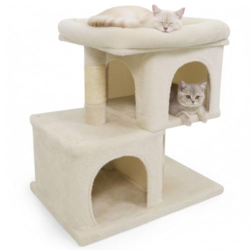 Tangkula Small Cat Tree for Indoor Cats, 25.5 Inch Cat Tower with Sisal Scratching Posts, 2 Large Cat Condos with Padded Top Perch, Modern Cat Climbing Furniture for Adult Cats & Kittens (Beige) - color: Beige