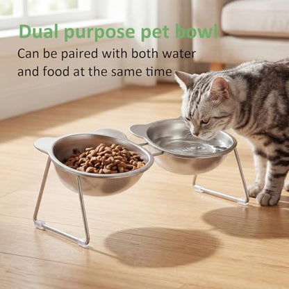 Stainless Elevated cat Bowls 5.9 Inch with Metal Stand Slip Resistant Base 15 Degrees Tilted Raised Pet Dishes Double Bowl Design Food and Water Dish for Cats Kitten Small Dog (Integrated Bowls) - color: Integrated Bowls