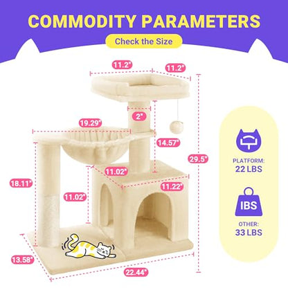Allewie 29.5in Indoor Cat Tree, Multi-Level Cat Tower with Sisal Scratching Posts, Padded Perch, Basket, Condo, and Hanging Ball, Suitable for Kittens and Adult Felines,Beige - color: Beige