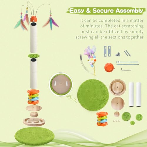 YARUOMY Cat Scratching Post，40'' Tall Cat Scratcher Tree Cat Toys for Indoor Cats with Cat Toys 4-Tier Roller Track，Automatically Rotating cat Teaser Wand，Hanging Balls for Kittens Adults Cats