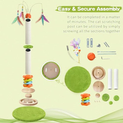 YARUOMY Cat Scratching Post，40'' Tall Cat Scratcher Tree Cat Toys for Indoor Cats with Cat Toys 4-Tier Roller Track，Automatically Rotating cat Teaser Wand，Hanging Balls for Kittens Adults Cats