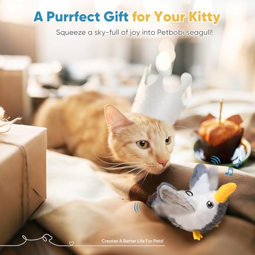 Petbobi Flapping Bird Cat Toys - Interactive Cat Toy with Flapping Wings(No-Flying) and Chirp Tweet, Rechargeable Motion-Activated Catnip Seagull Toys for All Breeds Kittens - color: Grey
