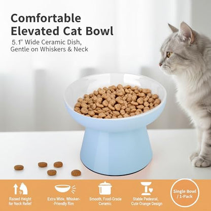 Raised Cat Food Bowl – Ceramic Elevated Cat Bowl for Whisker & Neck Fatigue,Non-Slip & Anti Vomiting Pet Feeder for Kittens to Adult Cats and Small Dogs,Dishwasher Safe(Blue) - color: Blue
