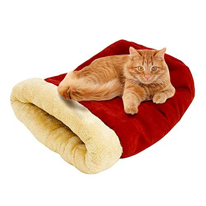 4 in 1 Self Warming Burrow Cat Bed, Pet Hideway Sleeping Cuddle Cave (Burgundy) - color: Burgundy