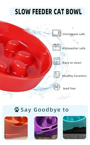 Slow Feeder Cat Bowls, Ceramic Fun Slow Eater Bowl for Cats (Red)