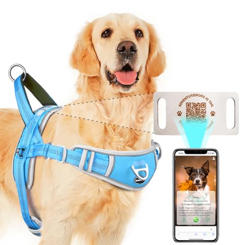 Small Dog No Pull Harness with QR Code Tag, Reflective Vest, Front Clip Handle for Training Walking, Light Blue - color: Blue, size: L