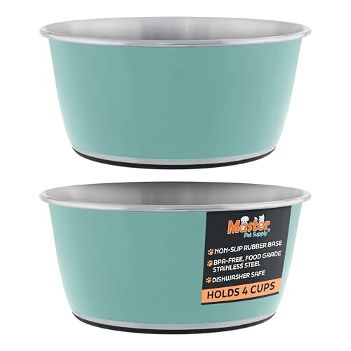 Master Pet Supply Stainless Steel Dog Bowls Set of 2 (32 Oz Each) with Non-Slip Rubber Base - Aqua Sky - Basic Dog Food Bowl Water & Food Bowls for Small Medium Large Dogs & Cats, Metal Dish - color: Aqua Sky, size: 4 Cups (32 oz) 2 Pack