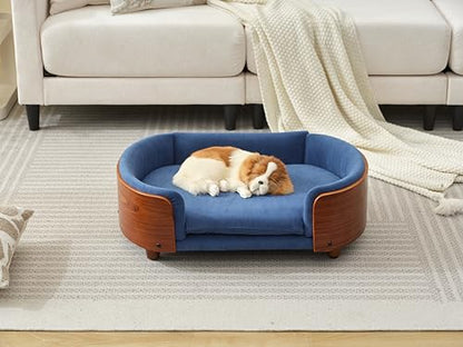 HomSof 26.38" Scandinavian Style Elevated Dog Cat Bed Pet Sofa with Solid Wood Legs and Bent Wood Back with Velvet Cushion,Small Size，Navy+Brown - color: Navy+Brown, size: 26.4"L x 16.1"W x 9.8"Th