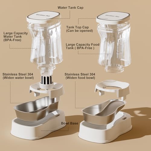 Automatic Pets Gravity Feeder and Water Dispenser Set, 1Gallon x 2 Stainless Steel Food Feeder and Waterer, 100% BPA-Free Water Bowl Dispenser for Small&Medium Dogs, Cats, Puppies(White) - color: Pearl White, size: 1 Gallon (Water & food dispenser)