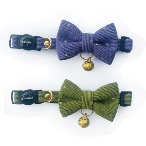 Safety Quick Release Cat Collars, Soft Kitten Collars with Detachable Bow Tie and Bell, Pack of 2, Adjustable 20-30 cm (Violet+Greenery, 20-30cm)