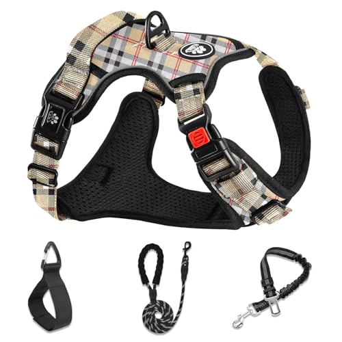No Pull Dog Harness with Leash, Reflective No Choke Pet Vest Harness,Adjustable Soft Padded Dog Harness with Easy Control Handle for Small Dogs(Checkered Beige,Small) - color: Checkered Beige, size: 【S】neck 11-15" chest 15-21"