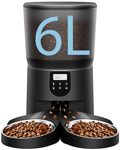 Automatic Cat Feeders for 2Cats, 6L/25cup Automatic Cat Food Dispenser with 2 Stainless Pet Bowls,10s Meal Call Timer Setting 20 Portions 6Meals Per Day, Timed Pet Feeder for Cats Dog Indoor Dry Food - color: Black
