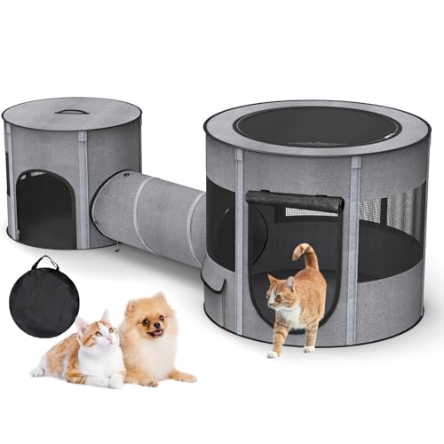 Portable Cat Playpen with Tunnel, 3 in 1 Foldable Puppy Play Pen, Waterproof Bottom, Enclosed 2-Room Separable Pet Tent for Indoor/Outdoor, Multi-Purpose Enclosure Crate Cage for Kitten Dog Rabbit - color: Portable Cat Playpen