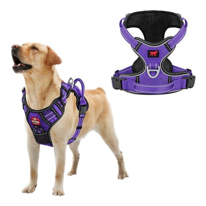 Tuff Pupper No Pull Easy Walk Dog Harness | Heavy Duty Pet Vest | Front & Back Leash Clips | Strong Safety Handle | Reflective Anti Pull Vest | Comfortable Padded Escape Proof Harness (Large, Purple) - color: Purple, size: Large (Neck: 18-26" , Chest: 21-