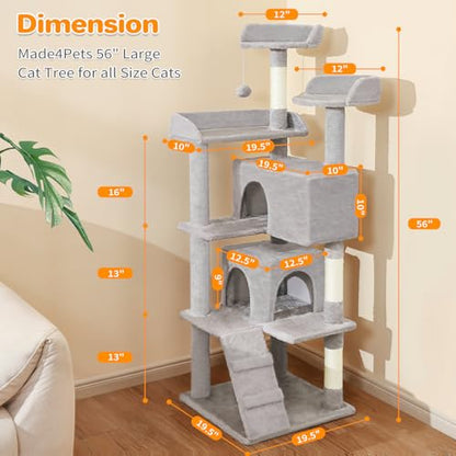 Made4Pets Cat Tree 54in Cat Tower for Indoor Cats Kitten Tree Multi-Level Cat Tree with 2 Condo Furniture Activity Center with Scratching Posts Funny Toys Kittens Pet Play House, Light Grey - color: Light Grey