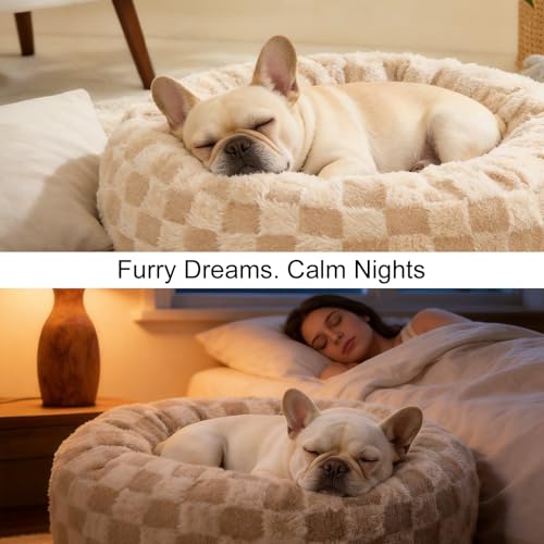 Dog Calming Beds for Small Medium Large Dogs - Round Donut Washable Puppy Dog Bed, Anti-Slip Faux Fur Fluffy Donut Cuddle Anxiety Cat Pet Bed (28" Grid) - color: Grid, size: 28"L x 28"W x 8"Th
