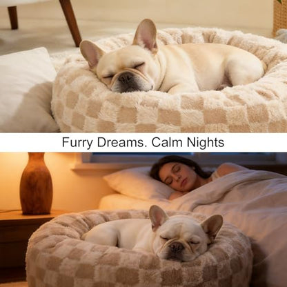 Dog Calming Beds for Small Medium Large Dogs - Round Donut Washable Puppy Dog Bed, Anti-Slip Faux Fur Fluffy Donut Cuddle Anxiety Cat Pet Bed (28" Grid) - color: Grid, size: 28"L x 28"W x 8"Th