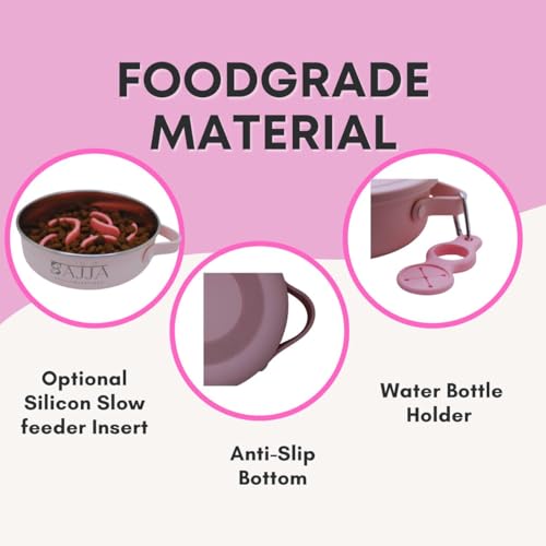 Pink Slow Feeder 3-in-1 Travel Dog Bowl Set – 30 OZ Stainless Steel + 20 OZ Collapsible BPA-Free Silicone Bowl Lid | Silicon Slow Feeder Insert | Non-Slip, Anti-Choking|, Carabiner | We give Back - color: Slow feeder Pink Bowl