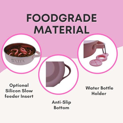 Pink Slow Feeder 3-in-1 Travel Dog Bowl Set – 30 OZ Stainless Steel + 20 OZ Collapsible BPA-Free Silicone Bowl Lid | Silicon Slow Feeder Insert | Non-Slip, Anti-Choking|, Carabiner | We give Back - color: Slow feeder Pink Bowl