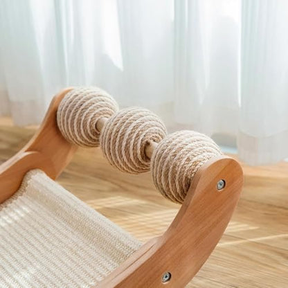 Sisal Cat Scratcher Bed with 3 Toy Balls for Indoor Cats, Durable Wooden 3-in-1 Hammock Lounge & Scratch Pad - Modern Furniture for Large Cats, Scratching Post Lounger - size: Extra Large