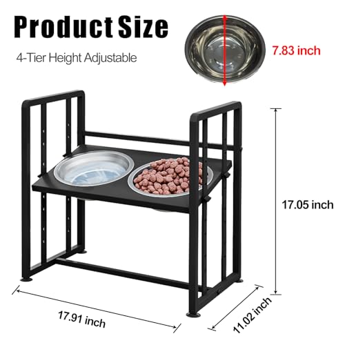 Elevated Dog Bowls 4 Height Adjustable Metal Pet Food Feeder Stand with 2 Stainless Steel Bowl Raised Dogs Feeding Station with Non-Slip Mats Black (Black, Without Feeding Mat) - color: Black, size: 17.91x11.02x17.05in