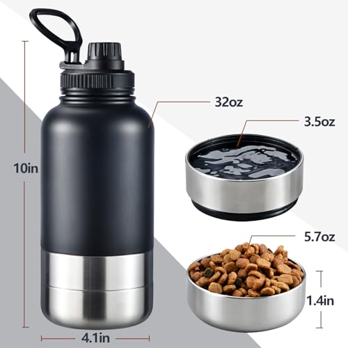 Cibaabo Insulated Dog Water Bottle with 2 Bowls, 32oz Travel Stainless Steel Double Wall Thermos, Portable Pet Dispenser, Gifts for Puppy Small Medium Dogs Walking Hiking and Camping - color: Navy Blue
