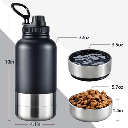 Cibaabo Insulated Dog Water Bottle with 2 Bowls, 32oz Travel Stainless Steel Double Wall Thermos, Portable Pet Dispenser, Gifts for Puppy Small Medium Dogs Walking Hiking and Camping - color: Forest Green