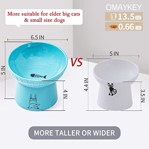 6.5 Inch Extra Wide Ceramic Raised Cat Bowls, Porcelain Tilted Elevated Cat Food Water Bowl Dish, Stress Free Pet Feeder Bowls Dishes for Elder Big Cats & Small Dogs, White & Blue - color: White & Blue
