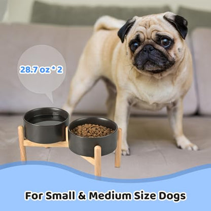 SPUNKYJUNKY Ceramics Raised Dog Bowls with Wooden Stand - Elevated Dog Feeding Set (Double 28.7OZ, Black) - color: Black(Double Bowls Set), size: Medium - 3.6 CUPS