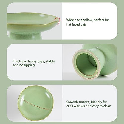 Wide Shallow 6.1" Raised Cat Bowls, Ceramic Elevated Food Bowl for Flat Faced Cats and Small Dogs, Porcelain Feeder Bowl, Stress Free, Protect Cat’s Spine, Green - color: Green-Shallow