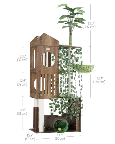 FourFurPets Large Cat Tree with Leaves, 72.8-Inch Cat Tower for Indoor Cats, Modern Cat Tree with Scratching Post, Large Perch, Tunnels, Swing Ball, Self Groomer, Greige - color: Greige